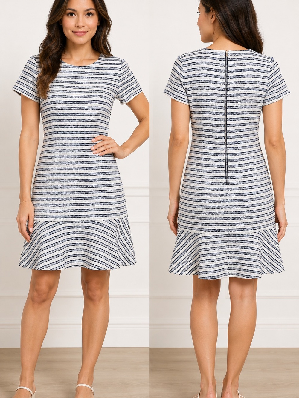 LOFT Textured‎ Stripe Knit Dress Size
2 Blue White Ribbed Back Zip